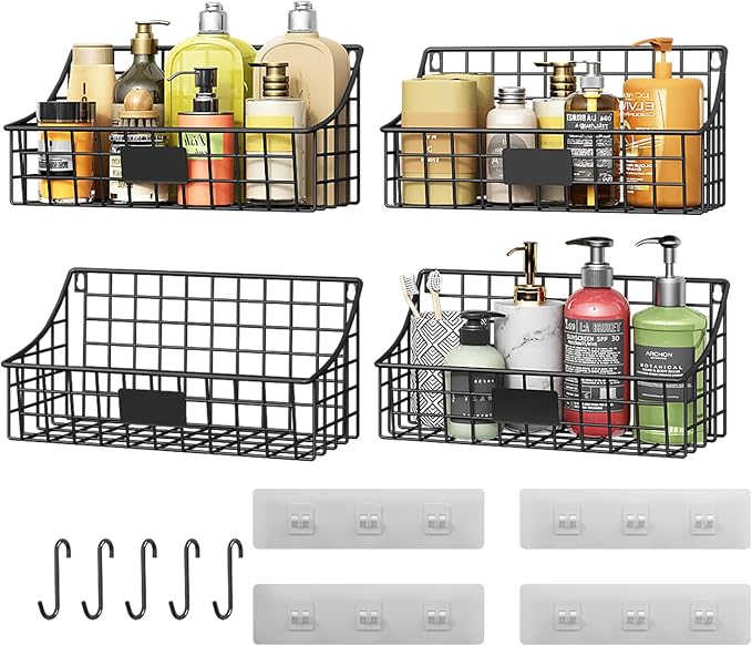 Sonyabecca Hanging Wall Wire Basket-4Pack,Large Metal Organizer Baskets & Bathroom Shower Shelf with 4 Adhesive Hooks+5 S Hook, Wall Mounted Baskets & Shelves for Bathroom, Kitchen Storage