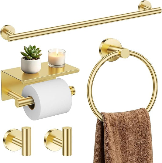 TURS Brushed Gold 5-Piece Bathroom Hardware Set Towel Bar Set SUS304 Stainless Steel Towel Racks for Bathroom Wall Mounted, 23.6-Inch