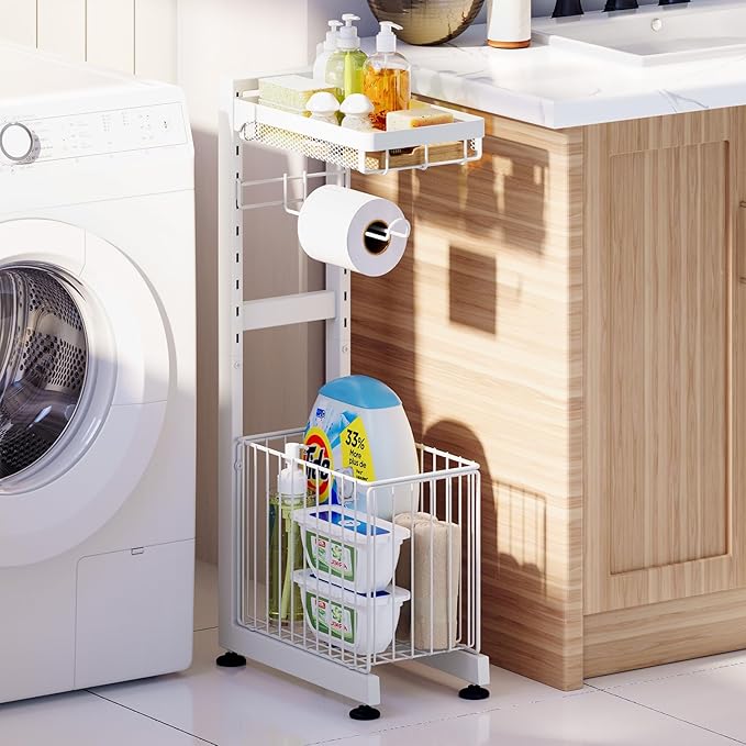 Toilet Paper Holder Stand with Storage Shelf - Multi Tier Metal Toilet Paper Stand with Large Basket for Tissue Rolls, Wipes (White)