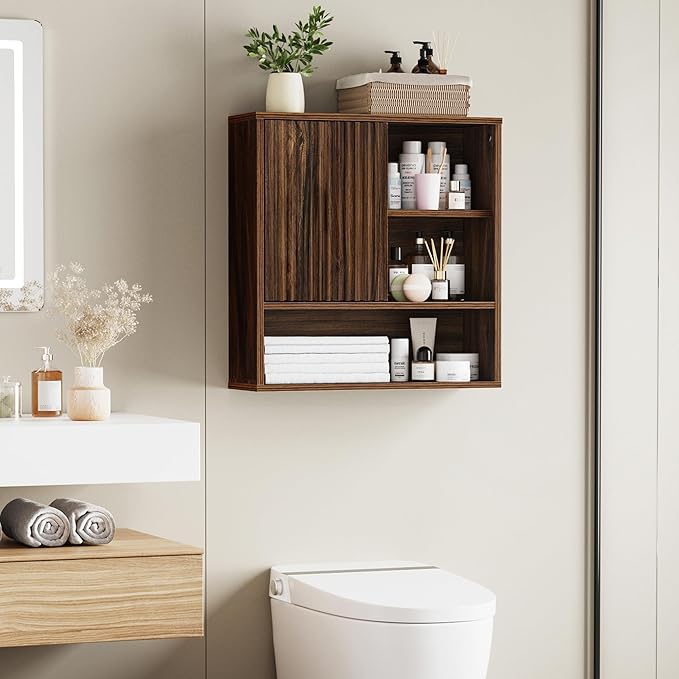 FerniTry Farmhouse Bathroom Wall Cabinet Fluted,Medicine Cabinet Over The Toilet Storage Cabinet with Adjustable Shelf, Wood Wall Mounted Storage Cabinet Organizer 23.2Wx24Hx7.6D (Dark Walnut, Medium)