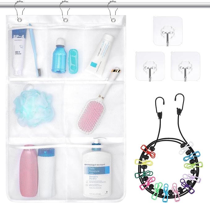 F-color Cruise Essentials 2026-7 Pockets Mesh Shower Organizer Hanging Bundle with Retractable Clothesline, Quick-Dry, Portable Toiletry Bag Travel Laundry Drying Kit for RV Hotel Camping, White