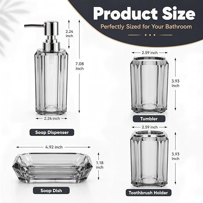 4-Piece Modern Gray Bathroom Accessories Set — Soap Dispenser, Soap Dish, Mouthwash Cup & Toothbrush Holder, Glossy Acrylic with Gray Finish, Vanity Countertop Organizer