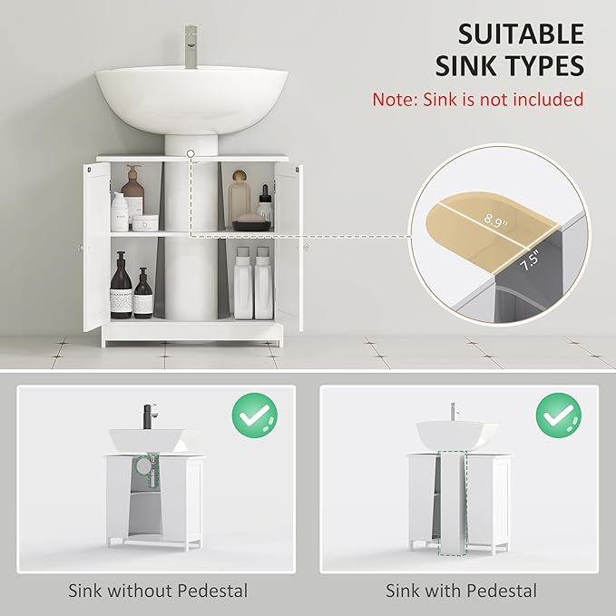 HOMCOM Under Sink Bathroom Cabinet, Pedestal Sink Storage Cabinet with 2 Doors, Shelf and U-Shape, White
