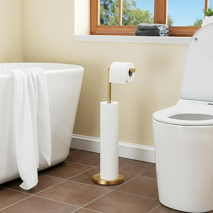 Songtec Gold Toilet Paper Holder Stand, Rust-Proof & Heavy Stainless Steel Base, Sturdy Free Standing for 5 Toilet Paper Rolls Max (Gold)