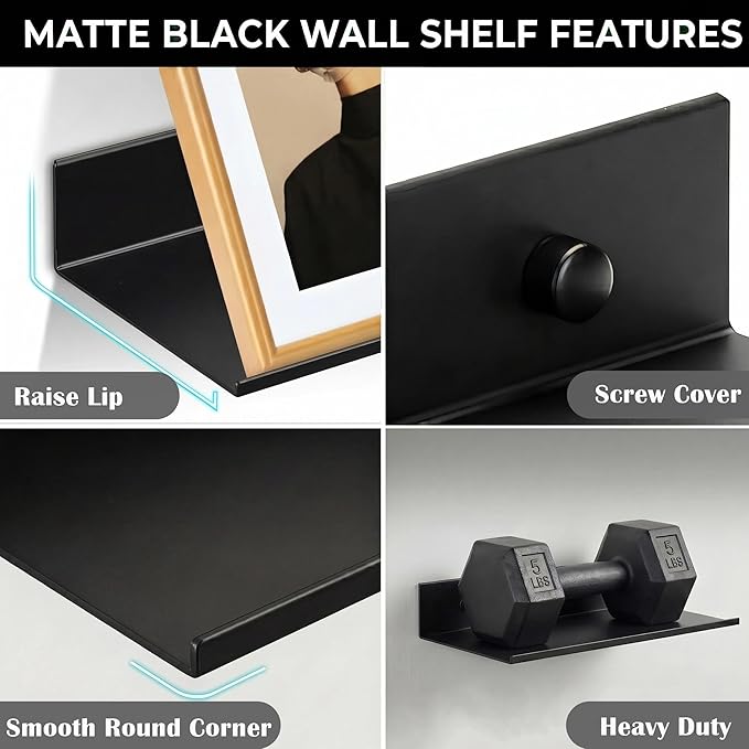 Z metnal 2 Pack 6 Inch Metal Floating Shelves with Safety Lip, Small Wall Mounted Shelf Holds Up to 5 Lbs, Matte Black Lightweight Display Ledge with Hidden Screw Caps for Bathroom, Bedroom