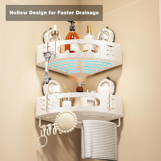 Voldra Corner Shower Caddy Suction Cup, Aluminum Corner Shower Shelves for Wall No Drilling, Large Suction Cup Shower Organizer with Towel Bar & Hooks Removable Bathroom Storage(2 Pack-Cream White)