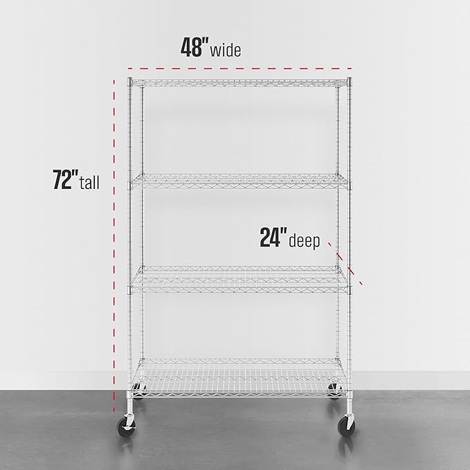 SafeRacks - NSF Certified Storage Shelves, Zinc, Heavy Duty Steel Wire Unit with Wheels and Adjustable Feet, Garage or Bakers Rack, Kitchen, Pantry Shelf - (24"x48"x72" 4-Tier) (Silver)