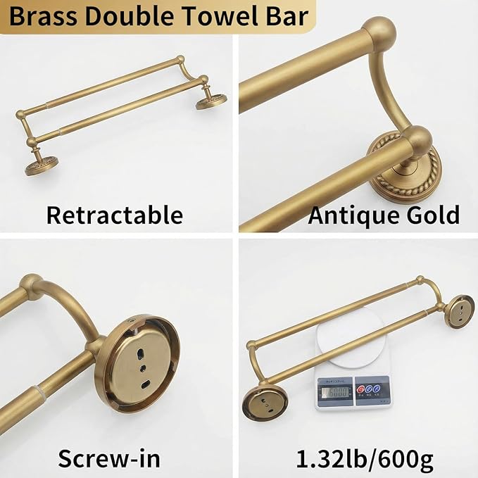 Double Towel Bar, Antique Brass Bathroom Towel Racks Wall Mounted, Adjustable Vintage Gold Towel Bar 13.4-24.8 Inch Usable Bar Length, Heavy Duty Rustproof Brass Towel Rod Holder for Bath