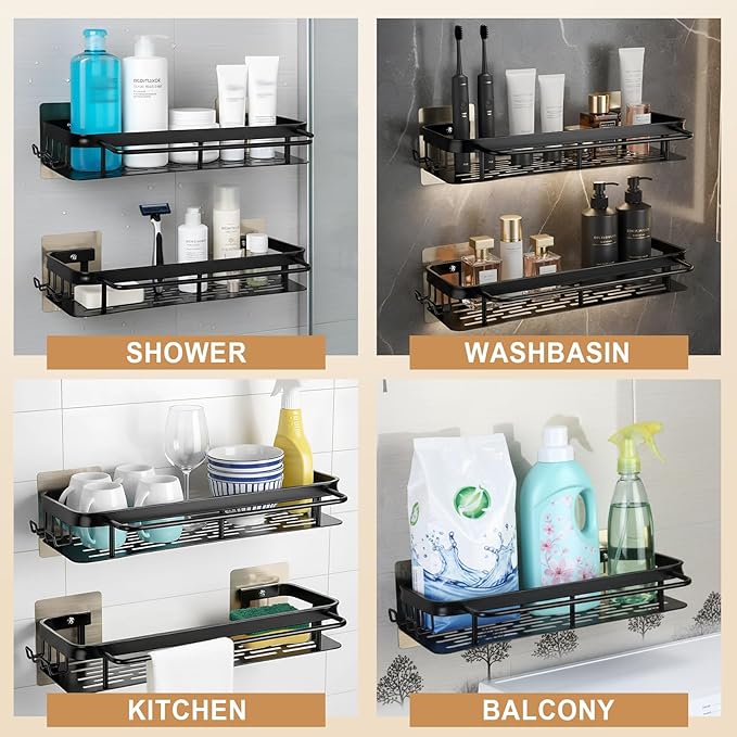 Adhesive Shower Caddy 2 Pack, No Drill Rustproof Space Aluminum Shower Organizer for Bathroom, College Dorm & Apartment, Wall Mounted Shelf with Towel Bar & Hooks for Large Bottles, Black