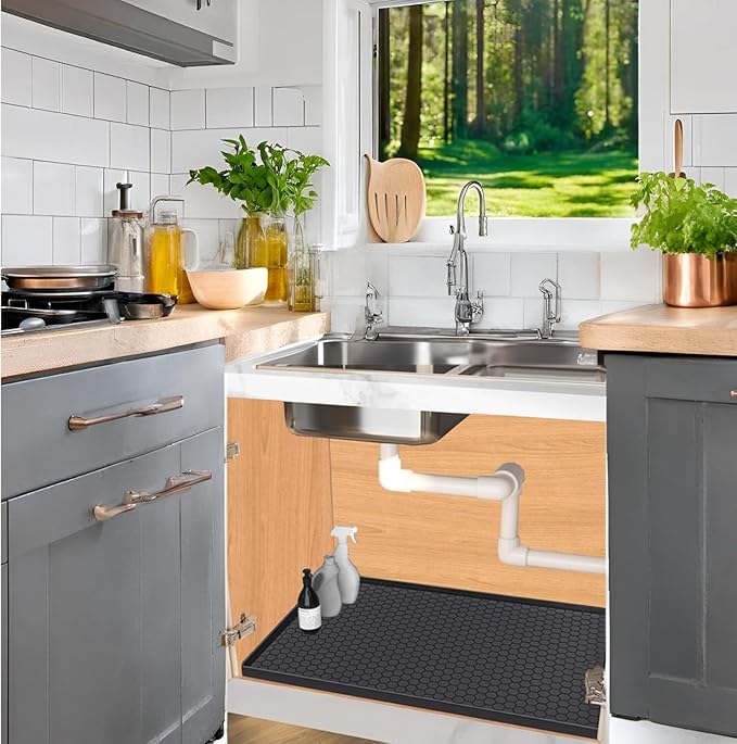 Under Sink Mat 22 x 22, Silicone Under Sink Liner for Kitchen Waterproof Bathroom Cabinet Mat, Black