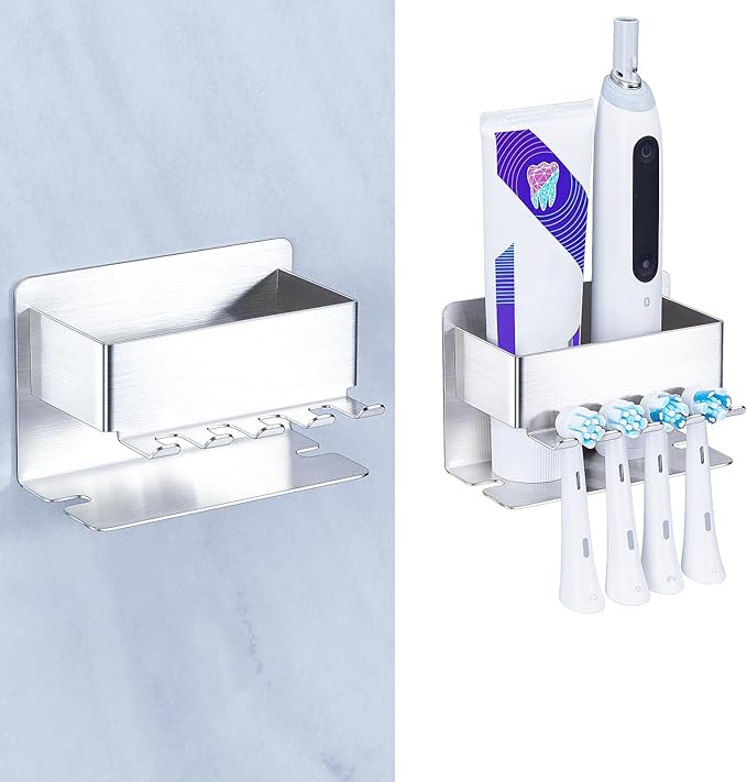 Toothbrush Head Holders, Electric Tooth Brush Head Holder, Adhesive Toothpaste Holder for Shower Bathrooms, Wall Mounted Tooth Brushing Holder Organizer Storage (Silver, Small)