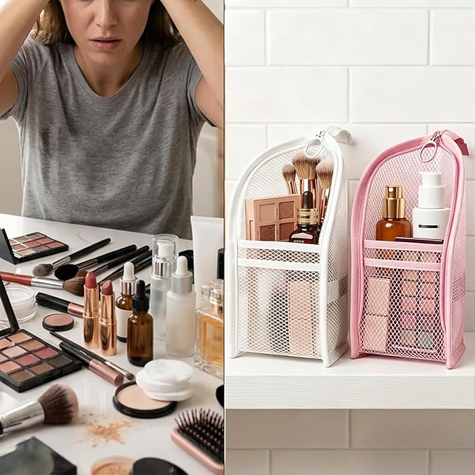 Standing Toiletry Bag, Lightweight Portable Travel Toiletry Bag, EVA Foldable Clear Hanging Makeup Bag, Breathable Cosmetic Organizer for Travel & Bathroom (Pink and white)