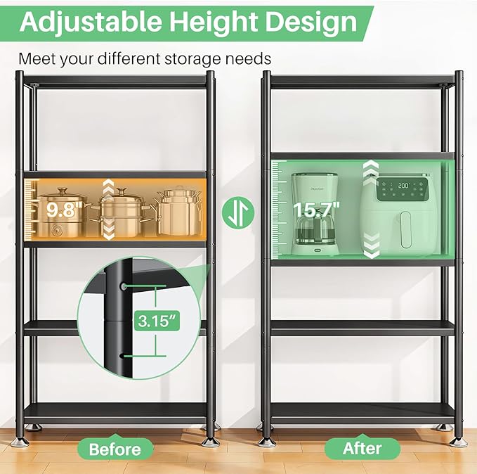 5 Tier Adjustable Storage Shelves, Heavy Duty Metal Storage Rack with Wheels, Shelving Units Utility Shelf for Kitchen, Pantry, Bathroom, Garage, Office Organization and Storage, Black, 13"x24"x59.7"