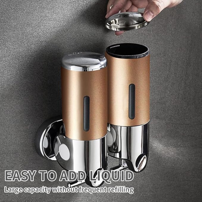 2 Chamber Wall Mounted Bathroom Shower Pump Dispenser and Organizer-Holds Shampoo, Soap, Conditioner, Shower Gel, for Bathroom Kitchen Hotel (Gold 2 Chamber)