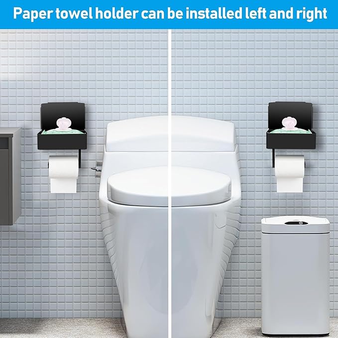 Toilet Paper Holder with Storage, Shelf of Bathroom Toilet Tissue Holder, Toilet Paper Roll Holder, Black Stainless Steel Wall Mount, No Installation & Flushable Wet Wipes Storage (2 Pack)