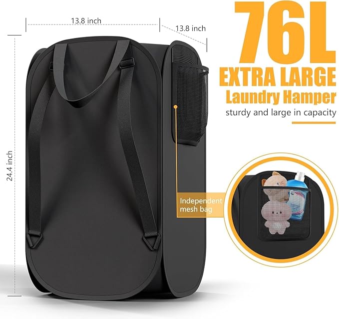 House Again 2 Pack Collapsible Laundry Backpack - 76L Heavy Duty Laundry Hamper, 210D Oxford Cloth with Mesh Pocket & Sturdy Adjustable Shoulder Straps,Easy to Open and Fold for College and Apartment