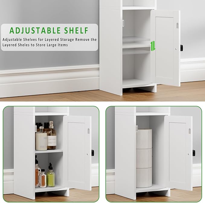 Lomojo Small Bathroom Storage Cabinet Corner, Floor Cabinet with Adjustable Shelves, Freestanding Narrow Bathroom Toilet Paper Organizers for Small Spaces, White