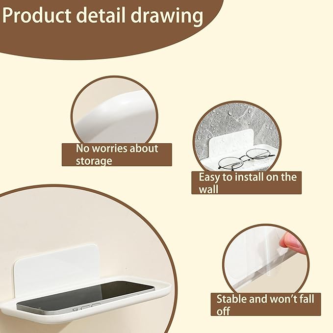 2 Pcs Small Shelf for Wall, Foldable Bedside Shelf & Small Wall Shelves No Drill Adhesive Folding Shelf, Stick-on Floating Wall Rack Organizer Tray for Bedroom Bathroom Kitchen Entryway, White