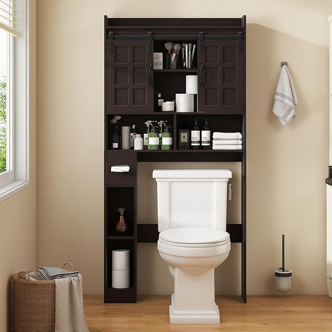Halitaa Over The Toilet Storage Cabinet, Farmhouse Storage Cabinet Over Toilet with Sliding Doors，Home Space-Saving Toilet Rack, for Bathroom, Restroom, Laundry. Espresso