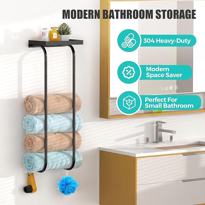 31" Towel Racks for Bathroom, Heavy-Duty Stainless Steel Holds 6 Large Rolled Towels,Wall Mounted Towel Holder with Shelf & Hooks,Extra-Wide Opening Wall Storage for Small Bathroom, Matte Black