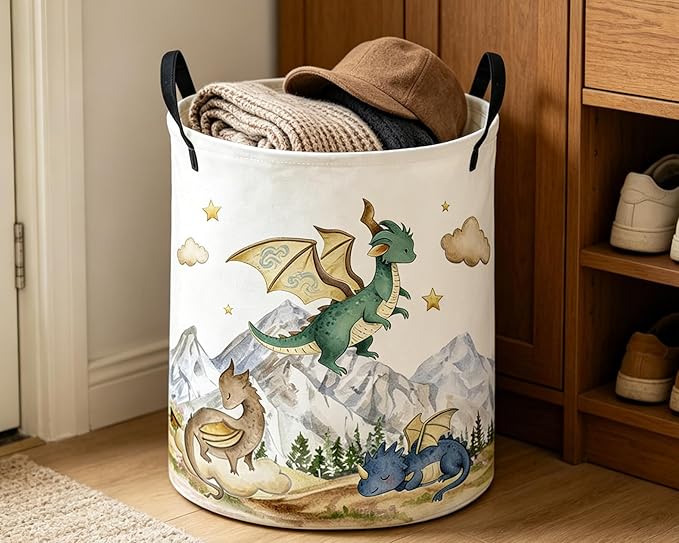 ESSME Kids Laundry Basket,Dinosaur Hamper Collapsible Canvas Waterproof Storage Bin for Girls, Cute Hamper,Gift Baskets(Mountain dinosaur)