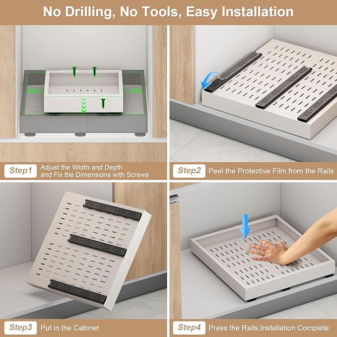 Fokyfok 2Pc Pull out Cabinet Organizer,Width(11"-16"),Depth(17"-24") Expandable No Drill Roll out Drawers,Adhesive Sliding Drawers,Slide out Shelves for Cabinets Without Lip,Kitchen,Pantry,White | Expandable, 3 Rails, No Drill, Roll out Drawers, Slide ...