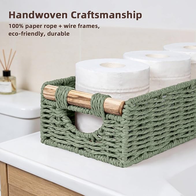 CubesLand Back of Toilet Storage Basket for Organizing w/Cut Out Handle, Handwoven Toilet Tank Top Paper Baskets, Wicker Decorative Basket for Countertop, Home Decor, Living Room, Nursery, Green