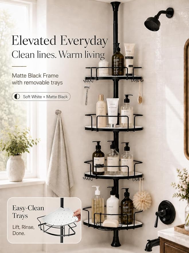 ALLZONE Corner Shower Caddy Tension Pole, 4 Hang-On Basket with Mixed-Height Shelves for Various Bottle Sizes, Extra Hooks & Soap Holder, Rustproof Stainless Steel, Fits 34–116 Inch, Black/White