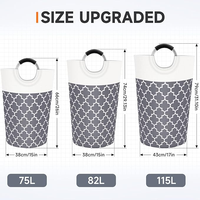 Fabspace Large Laundry Basket Laundry Hamper Bag Washing Bin Clothes Bag Collapsible Tall with Handles Waterproof Travel Bathroom College Essentials Storage for College Dorm, Family (Grey) 82L