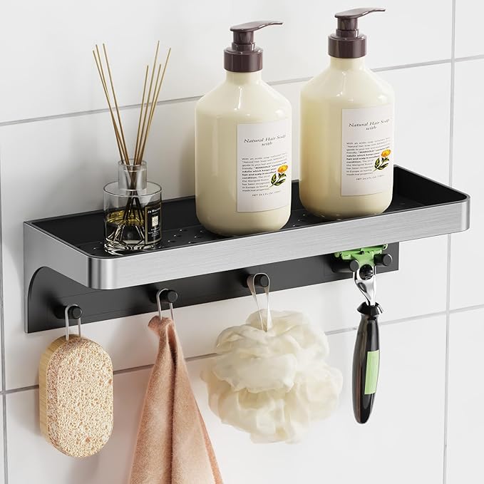 Shower Caddy Adhesive, Shower Shelves for Inside Shower with Hooks,No Drill Bathroom Organizers and Storage Hanging, Rustproof Shower Organize Rack, Silver