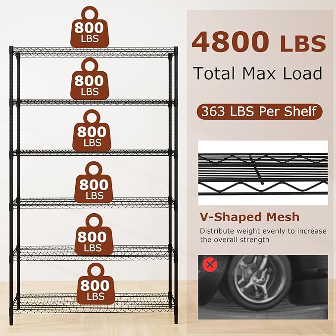GOFLAME 6-Tier Metal Storage Shelving Unit, Heavy-Duty Adjustable Utility Shelf with V-Shaped Wire Rack, 450 LBS Storage Organizer for Home, Kitchen, Garage, Basement, 48”L x 18”W x 78.5”H