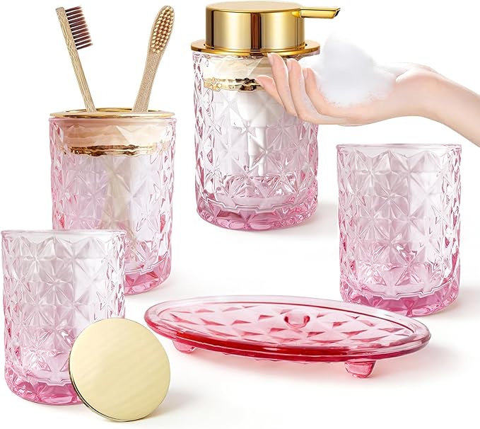 5PCS Bathroom Accessory Set,Pink Bathroom Countertop Organizer Set with Soap Dispenser, Toothbrush Holder, Tumbler, Q-tip Holder & Soap Dish,Elegant Functional Glass Set, Gift for Home & Apartment