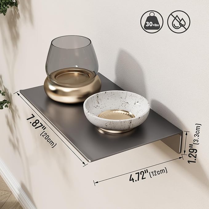 Danpoo 8 inch Gray Small Floating Shelves for Wall Organizer & Storage, Mini Display Shelves, Metal Wall Shelves for Bathroom, Living Room, Kitchen, Bedroom(2-Pack)