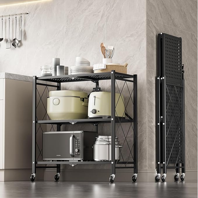 HealSmart 3-Tier Foldable Metal Heavy Duty Storage Shelving Unit with Wheels, Organizer Shelves for Garage Kitchen Holds up to 750 lbs Capacity, Black