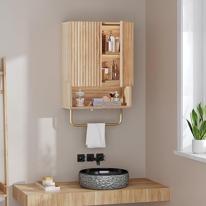 MAHANCRIS Bathroom Wall Cabinet, Wall Mounted Medicine Cabinets with Towel Bar & Adjustable Shelf, Over The Toilet Space Saver Storage Cabinet with 2 Doors, for Bathroom Laundry Room Kitchen, Natural