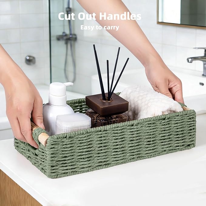 CubesLand Back of Toilet Storage Basket for Organizing w/Cut Out Handle, Handwoven Toilet Tank Top Paper Baskets, Small Wicker Decorative Basket for Countertop, Home, Living Room, Nursery, Green