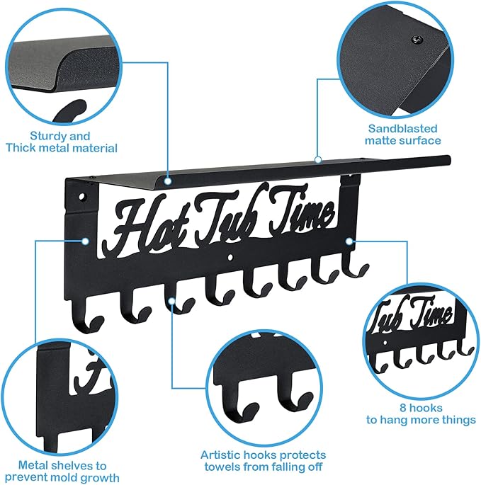 Towel Rack for Hot Tub with Shelf Bathroom Towel Holder 8 Hooks Towel Hanger Wall Mounted for Robes, Clothes, Towels - Hot Tub Accessories Outdoor