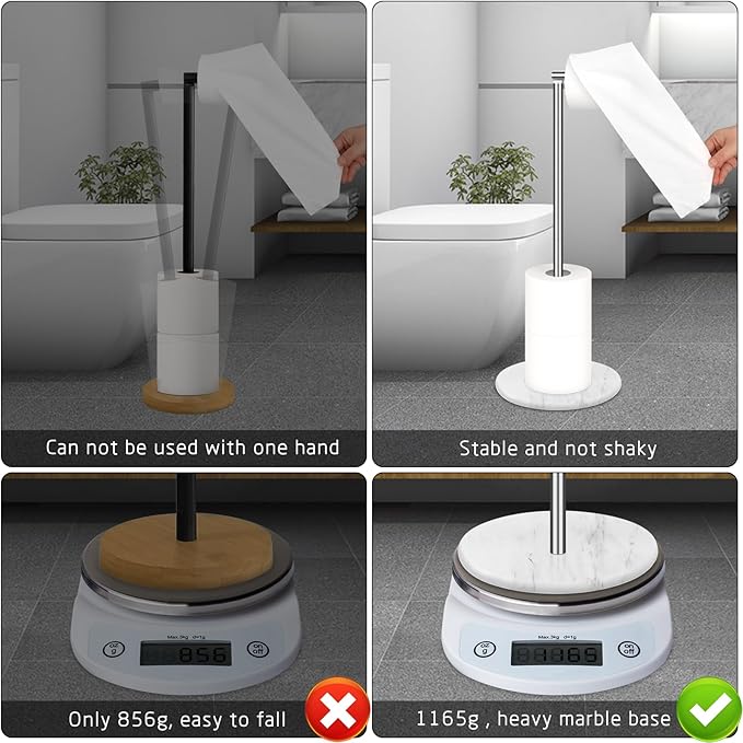 Toilet Paper Holder Stand with Marble Base, Free Standing Natural Stone Base Tissue Paper Storage with Reserve, Silver Space Toilet Bath 4 Rolls Holder for Bathroom/Kitchen Countertop