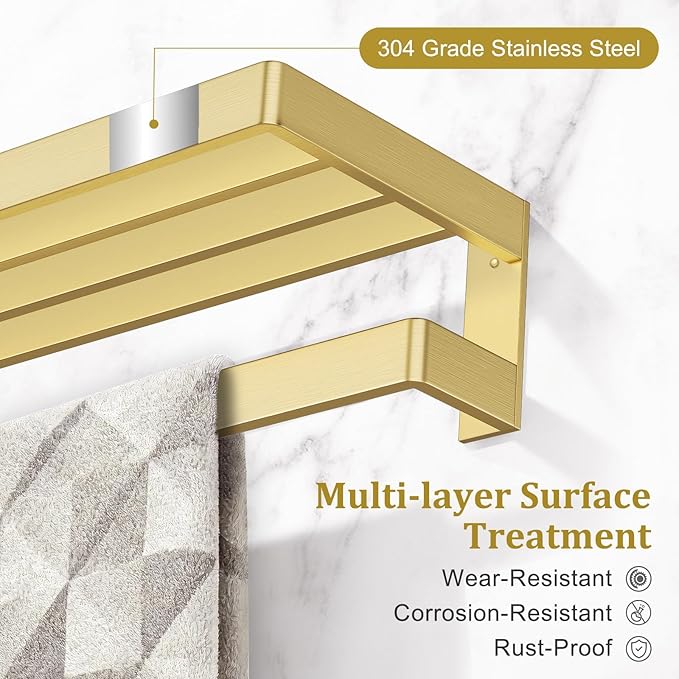 Towel Racks Double Towel Bar,Brushed Gold Towel Holder 23.6-inch Stainless Steel Bathroom Hardware Accessories Set