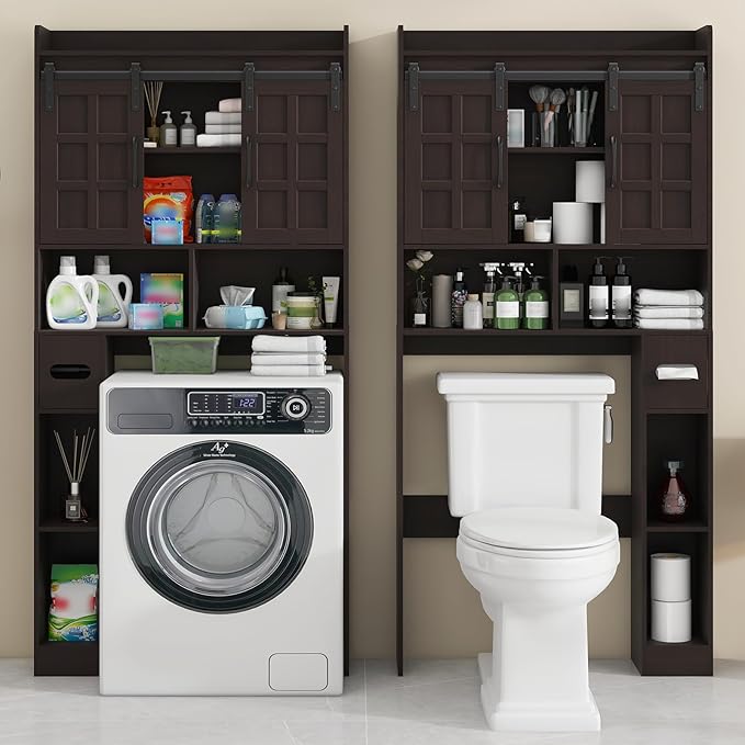 Halitaa Over The Toilet Storage Cabinet, Farmhouse Storage Cabinet Over Toilet with Sliding Doors，Home Space-Saving Toilet Rack, for Bathroom, Restroom, Laundry. Espresso