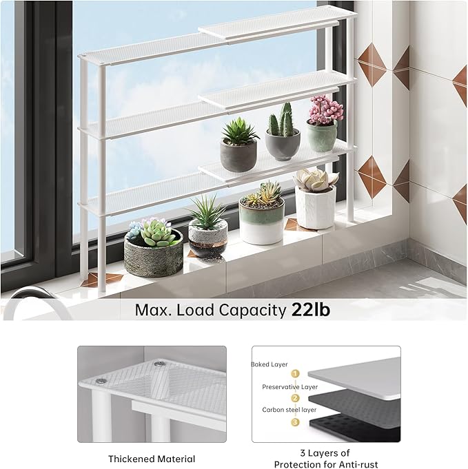 Expandable Window Shelf for Plants Kitchen Sink Organizer Stackable Narrow Shelves Kitchen Countertop Holder Mesh Design (1, White)