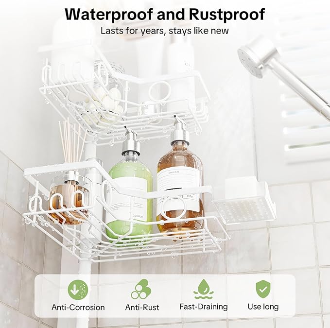Corner Shower Caddy Tension Pole, 4 Tier Rustproof Shower Tension Rod Organizer with Soap Holder & Hooks, Adjustable 30-121 Inch Bathroom Shelf for Renters - Family Stand Storage Rack, White