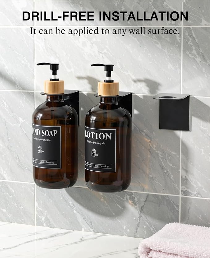 Luxspire Shampoo and Conditioner Dispenser, Shower Soap Dispenser Wall Mounted 3 Sets Plastic Bottles Bamboo Pump, 17OZ Shampoo and Conditioner Bottles for Bathroom, Shower Wall and Hotel, Amber