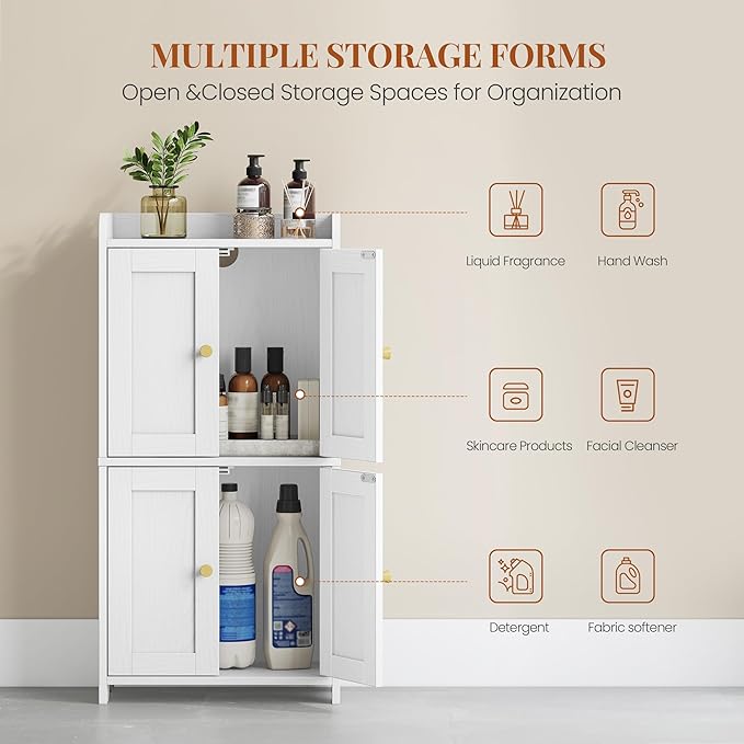 HEXCELEN Small Storage Cabinet, Bathroom Storage Cabinet with 4 Doors, Floor Bathroom Organizer Freestanding for Small Spaces, Living Room, Kitchen, Entryway (Streamlined American, White)