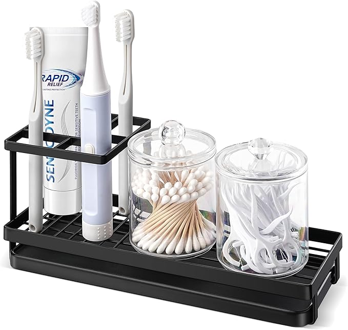 MYITYARD Toothbrush Holders for Bathrooms, 4 Slots Rustproof Metal Tooth Brushing Organizer with Drainage, Electric Tooth Brush Toothpaste Holder for Bathroom Countertop, Black