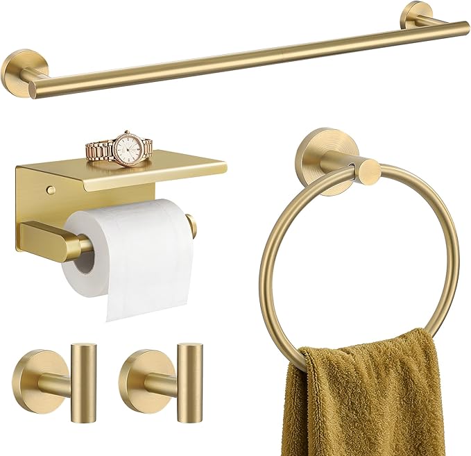 TURS Brushed Gold 5-Piece Bathroom Hardware Set Towel Bar Set SUS304 Stainless Steel Towel Racks for Bathroom Wall Mounted, 23.6-Inch