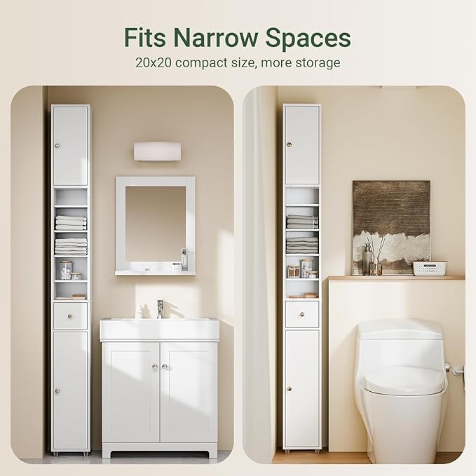 SoBuy Bathroom Narrow Storage Cabinet, Skinny Tall Unit with Adjustable Shelves Slender, Slim Bathroom Organizers and Storage, Anti-Tipping Thin Floor Standing Cupboard Laundry Room, White BZR34-W