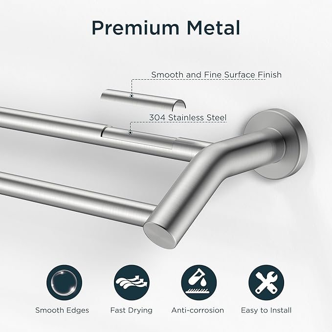 FORIOUS Double Towel Bar 24", Heavy Duty SUS304 Stainless Steel Dual Towel Racks for Bathroom Wall Mount, Space Saving Towel Rod Towel Holder Rail, Brushed Nickel