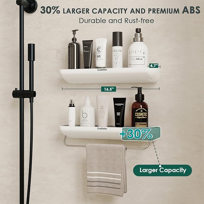 Shower Shelf with Towel Bar- Modern Bathroom Organizers Storage Self Adhesive Strong- Caddy Stick to Wall Mounted Rack- No Drilling Rustproof Plastic Acrylic White- Home Apartment