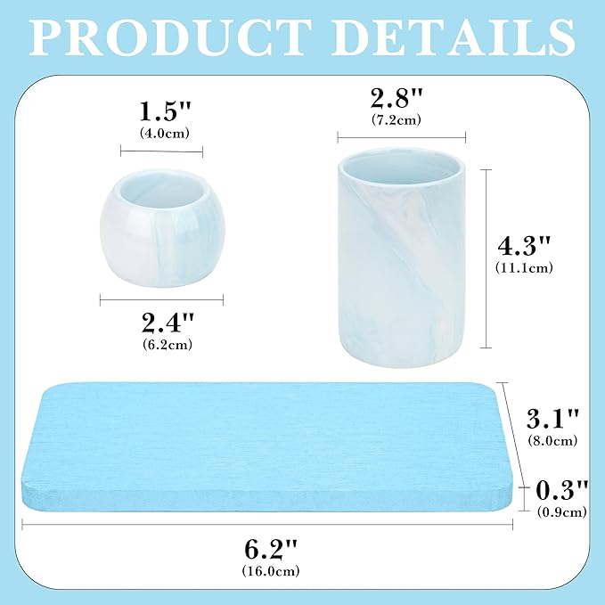 Ceramic Toothbrush Holder & Toothbrush Cup with Diatomite Tray for Bathroom, Bathroom Tumbler Cups Reusable Toothbrush Mouthwash Cup, Shower Counter Storage Organizer (Blue)